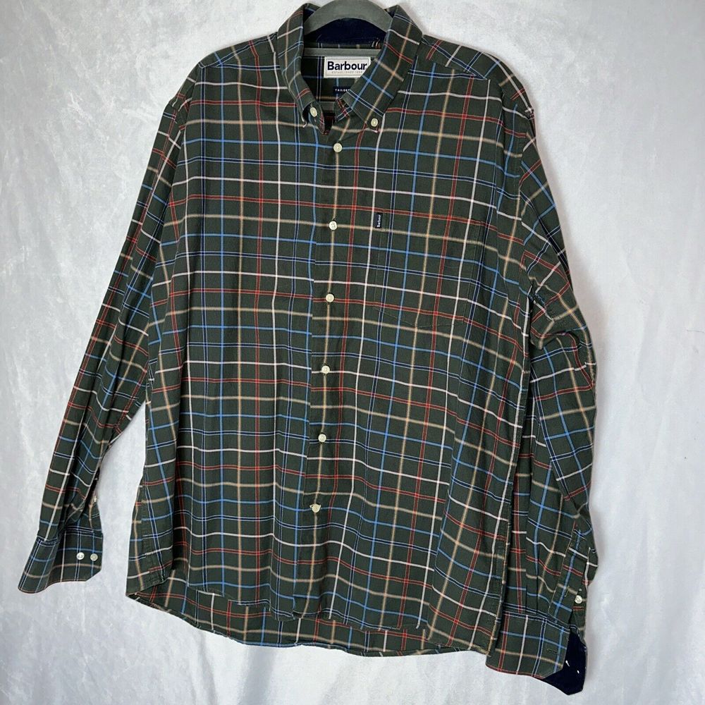 Barbour Tailored Fit Long Sleeve Collared Button Down Green Plaid XL Xlarge FLAW